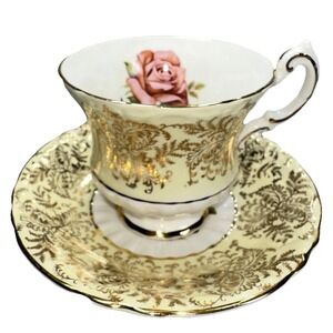 Paragon Tea‎ Cup Saucer Floating Cabbage Rose Citron Yellow Gold Filigree A2645